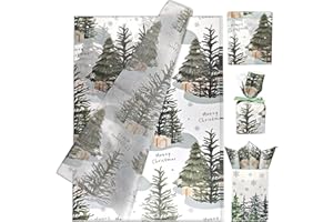 LIAPAWPAW Christmas Tissue Paper, Green Pine Tree Pattern with Presents, Vintage Watercolor Holiday Wrapping Tissue Paper for Gift Bags, Gift Wrap, Packaging, Crafts, Party Decor, 30 Sheets 20x14 Inch