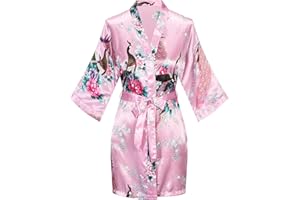 KIMONO PALACE Women's Short Kimono Robes Bride and Bridesmaid Satin Floral Bathrobe Peacock Sleepwear Dressing Gown for Wedding Party