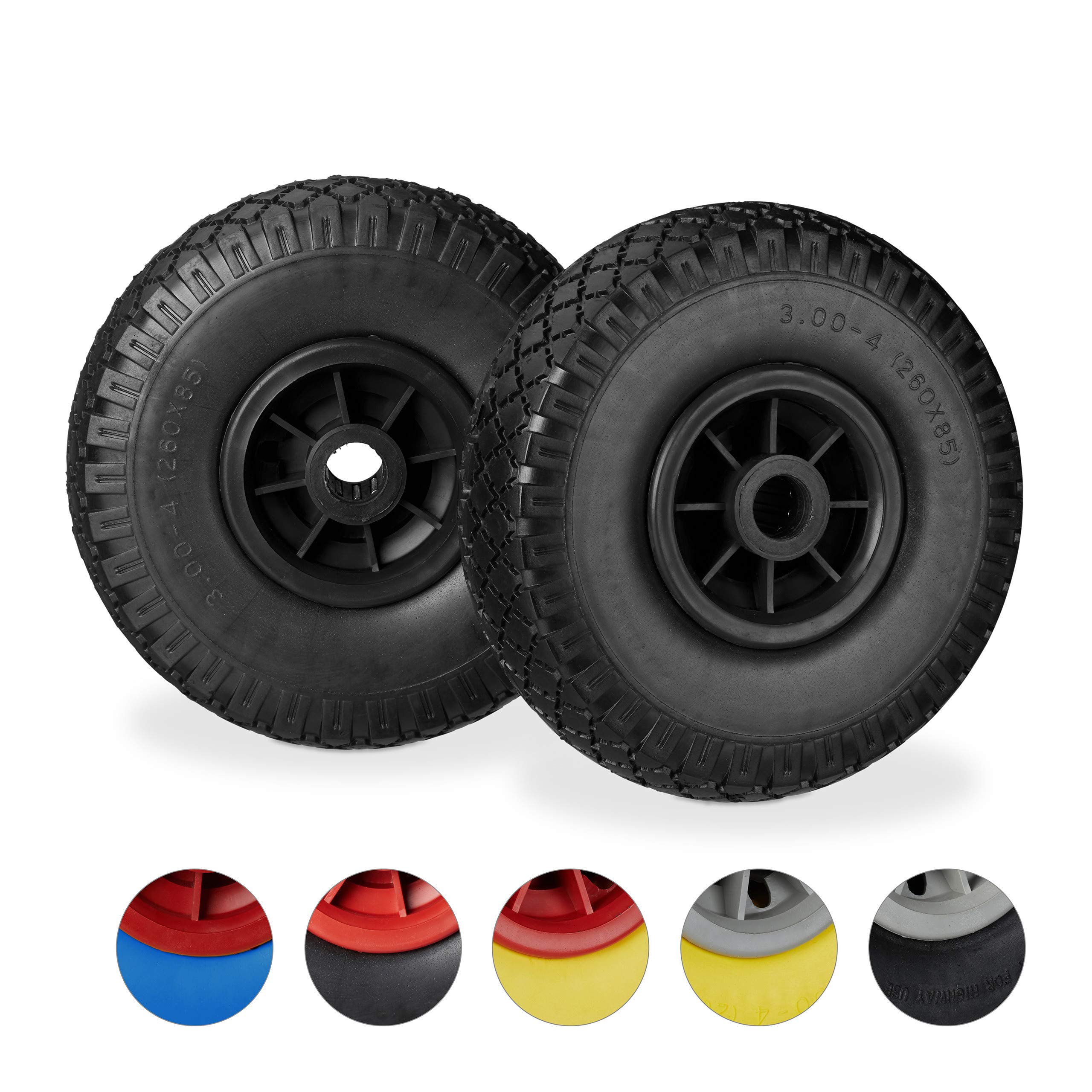 Relaxdays Hand Truck Spare Tyre Set of 2, Flatproof, 3.00-4 Solid Rubber, 25mm Axle, 80 kg, 260 x 85 mm, Black/Black