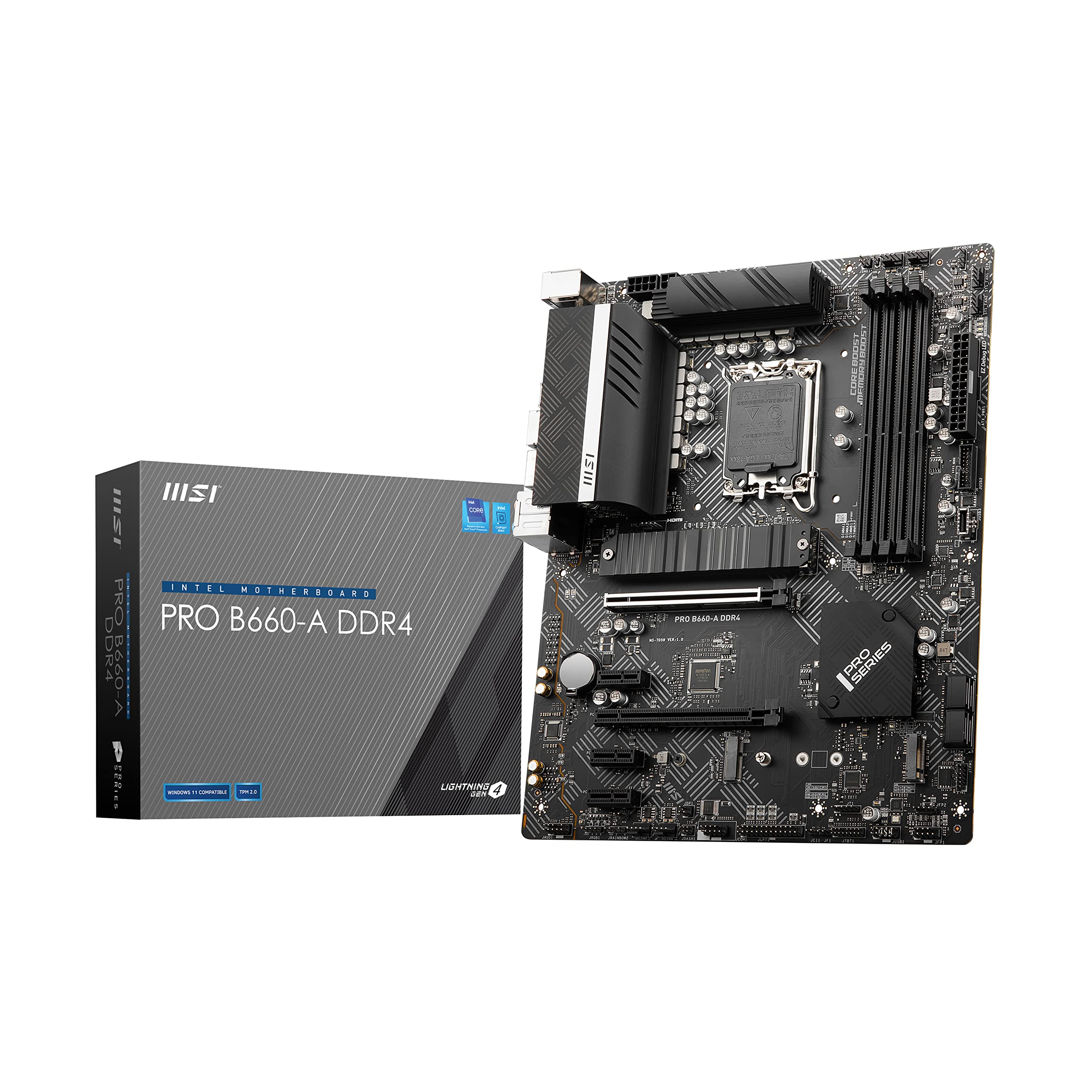 MSI PRO B660-A DDR4 Motherboard, ATX - Supports Intel 12th Gen Core Processors, LGA 1700 - DDR4 Memory Boost 4800+MHz/OC, PCIe 4.0 x16 Slot, 2 x M.2 Gen4 Slots, 2.5G LAN 7D59-006R