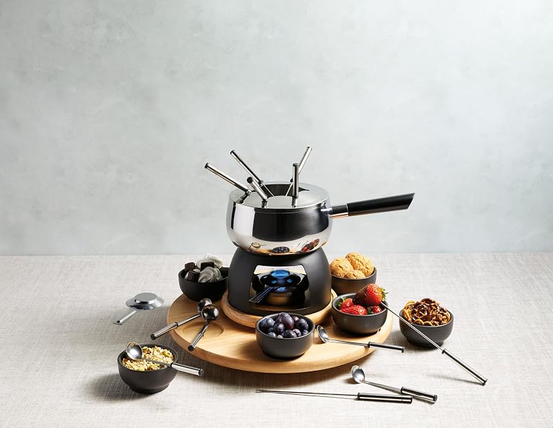 Artesà Set per Fonduta con Piatto Girevole Lazy Susan, Pentola per Fonduta in Acciaio Inossidabile con Bruciatore, Pentole per Tuffi e Utensili, Set di 22 Pezzi, Nero