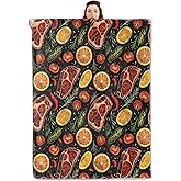 qxfqxf Juicy Steak Blanket Lightweight Blankets Gifts for BBQ Lover Flannel Throw with Pepper, Lemon and Tomato on Black Background Printed for Sofa, Bed, Travel, Office, Decor Throws 60x50 Inch