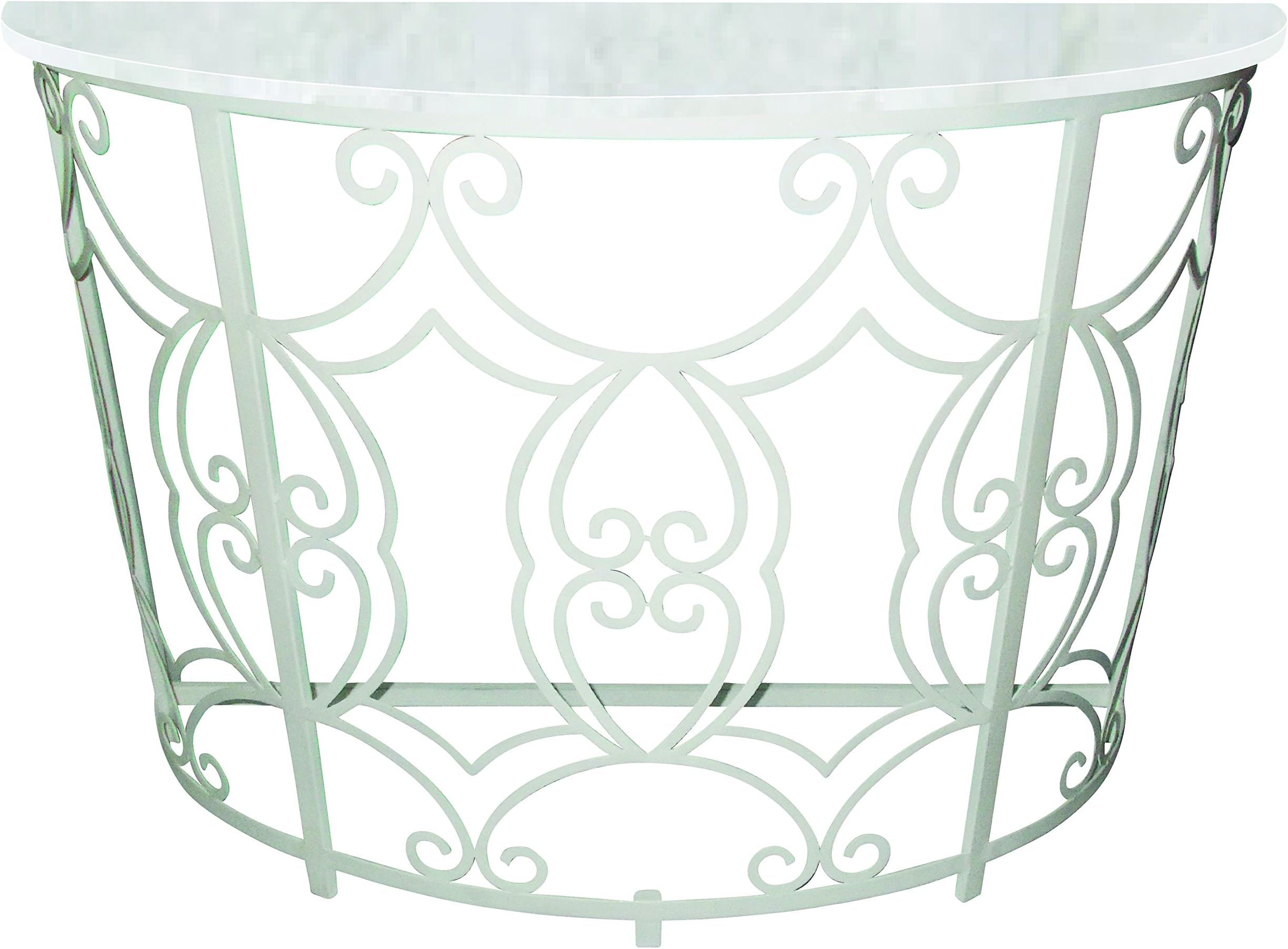 Amazing Decor Antique White Iron Scroll Design Demilune Console Table with White Marble Top
