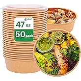 Disposable Round Paper Bowls with Lid 47oz, Microwave Deli Containers Leakproof 50 Sets, Extra Large Salad Dressing Meal Prep