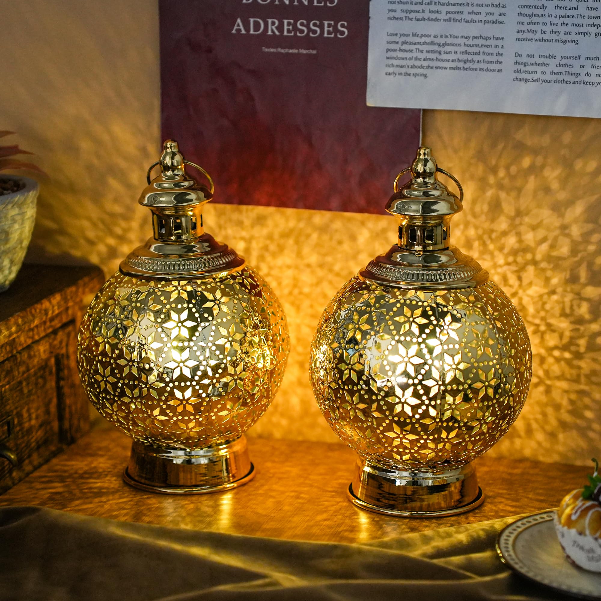 Photo 1 of TRIROCKS Ramadan Lanterns Set of 2 10" Gold Electric Candle Holders with Timer, Metal Decorative Vintage Lanterns for Indoor/Outdoor Decor, Perfect EID Mubarak Gift