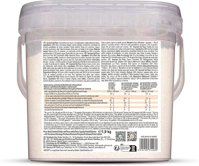 Oat Gourmet Harina de Avena Integral, Fuente de Proteína con Bajo Contenido en Azúcares, Sabor Chocolate Blanco, 1.9 Kg