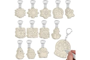 RattanView 48 Pcs Snow Craft Color Your Own Keychains DIY Craft Wooden Blank Keychains for Sunday School Classroom Home Active Party Favors Gifts, 12 Styles
