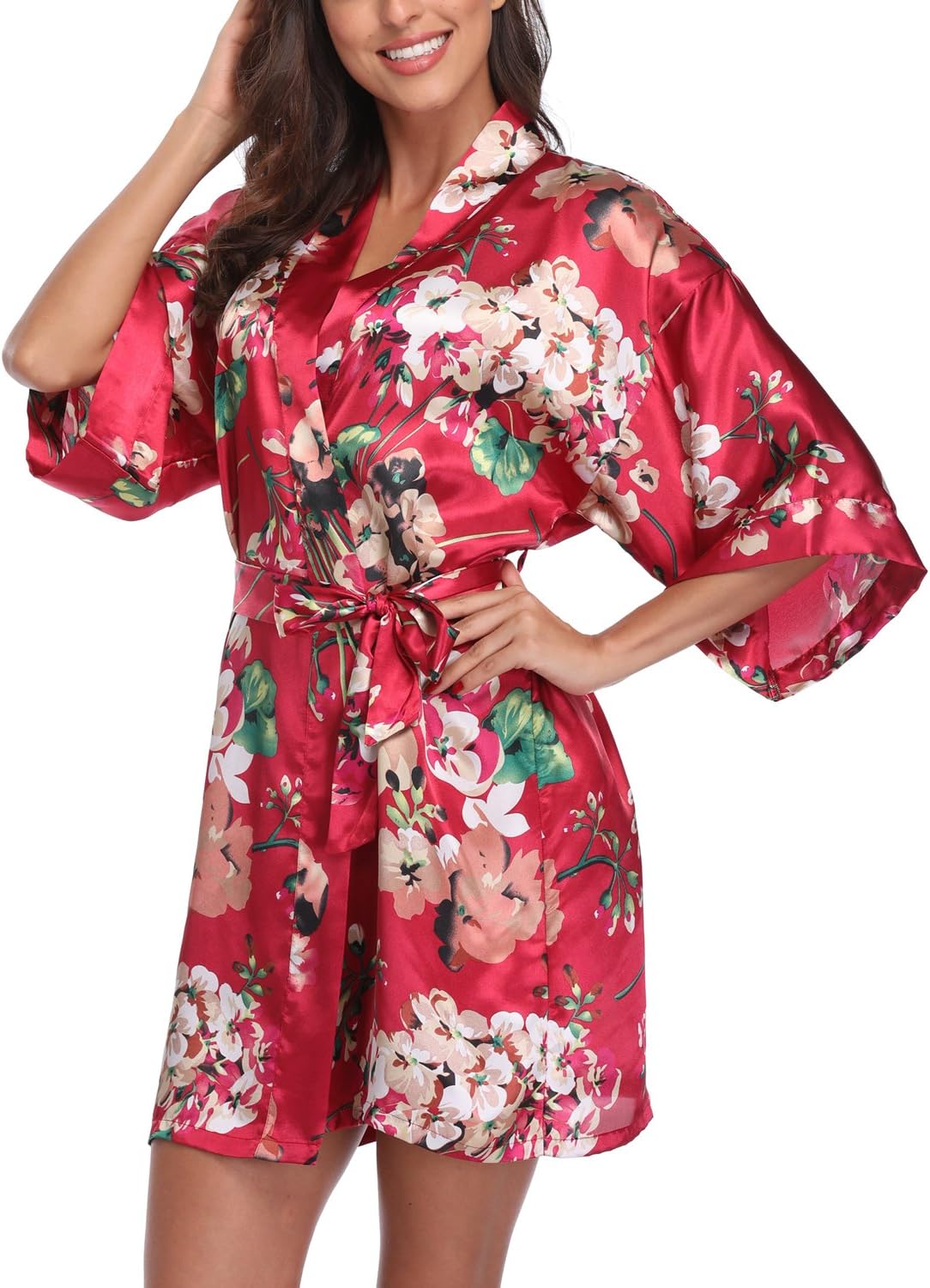 Women's Satin Floral Kimono Robe Short Bridesmaid Bathrobe for Wedding Party