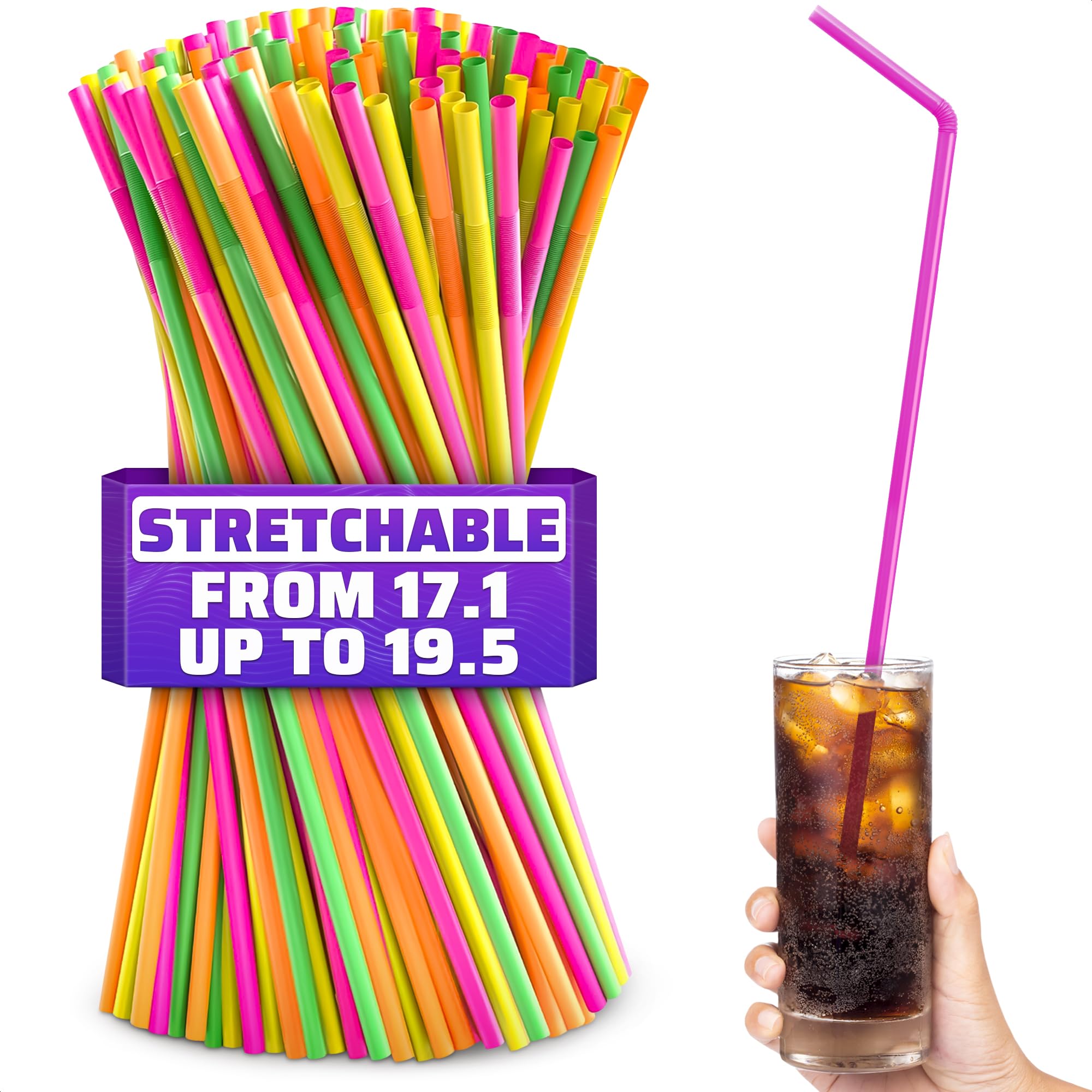 Photo 1 of 200 Pcs Extra Long Straws Disposable – Fun Neon 4 Colors Long Bendy Straws 17" Twist Up to 19.5" Plastic Drinking Straws for Holiday Party Drinks, Odorless Tasteless, Food-Grade Plastic