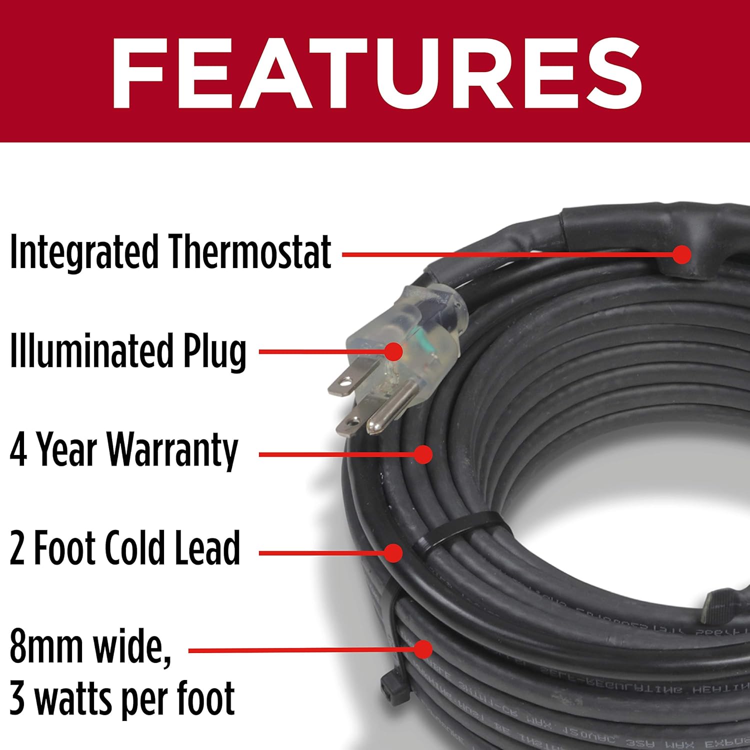 Heat Cable for Pipe Freeze Protection, 125 feet, with Built-in Thermostat and 16 Feet of High-Temp Installation Tape, Heavy-Duty, Self-Regulating, 120 volt - - 
