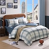 AMBERSPACE Full Size Comforter Sets, Blue Grey Plaid Bedding Set 7 Piece for Boys Girls Teen, Classic Homestead-Style Kids Comforter Set Bed in A Bag with Sheets, Pillowcases & Shams