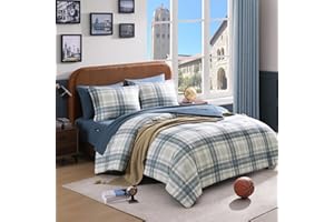 AMBERSPACE Full Size Comforter Sets, Blue Grey Plaid Bedding Set 7 Piece for Boys Girls Teen, Classic Homestead-Style Kids Comforter Set Bed in A Bag with Sheets, Pillowcases & Shams