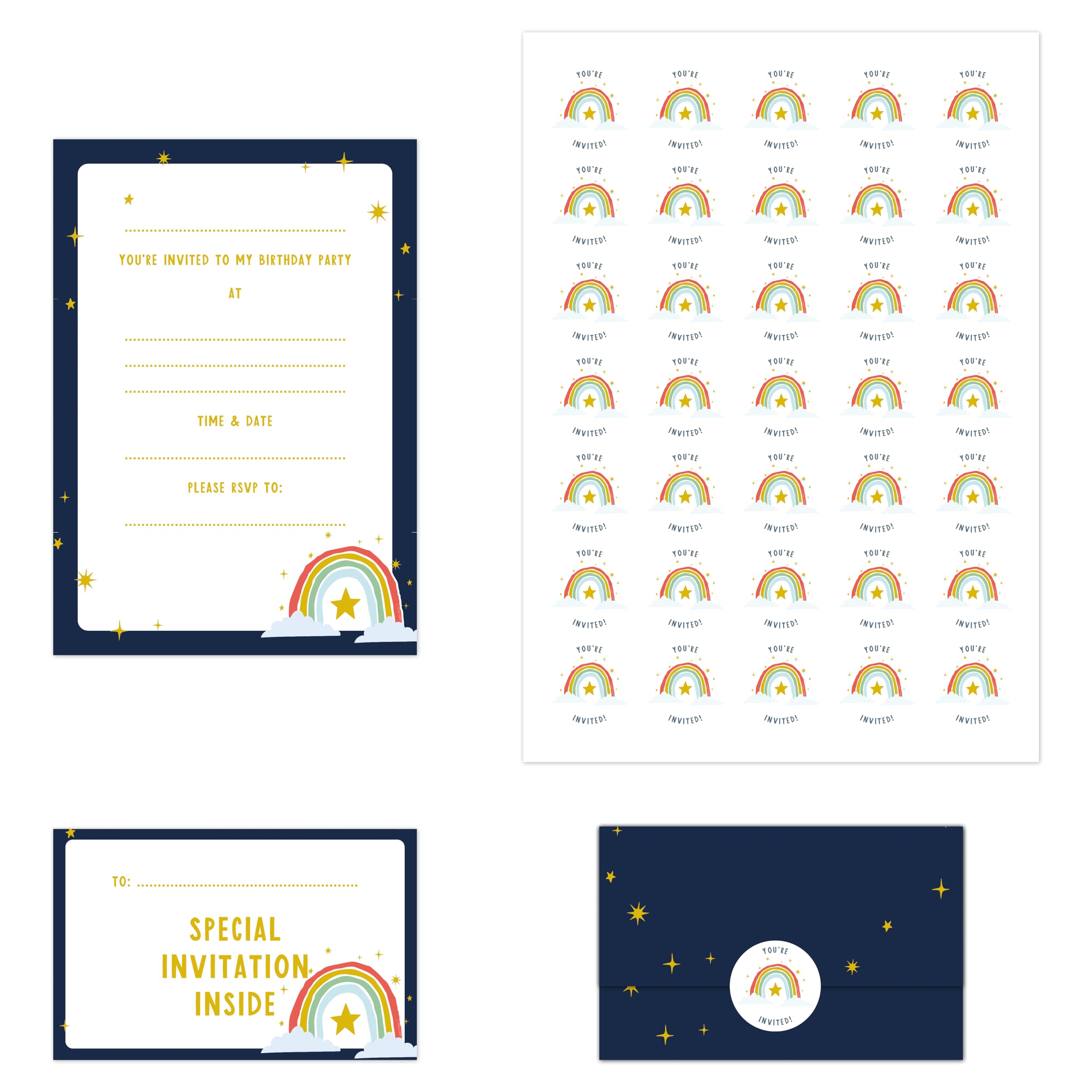 Manta Makes 35 Kids Childrens birthday party invitations, kids invites with envelope design for girls or boys with free stickers (Navy Star and Rainbow)