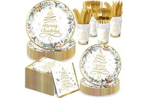 Oigco 120 PCS Christmas Plates and Napkins, Xmas Tree Dinnerware Includes Plates, Cups, Napkins, Cutlery for Merry Christmas Party Decorations, Serves 20