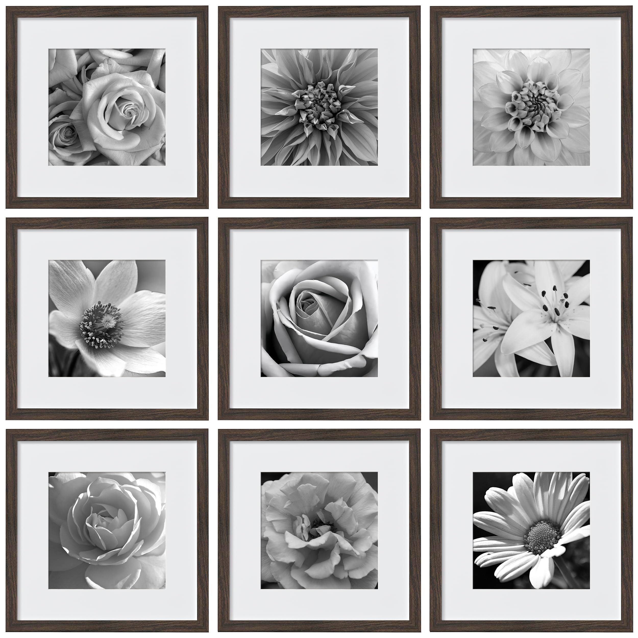 Photo 1 of eletecpro 12x12 Picture Frames Set of 9 Classic Gallery Wall Frame Set Displays 8x8 Photo with Mat or 12x12 without Mat, Farmhouse Home Decor, Weathering Brown Collage Wall Decor for Hanging
