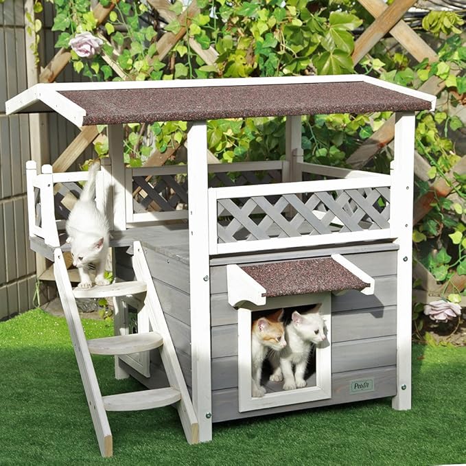 Petsfit Katzenhausfür Freie, Hölzerne Katzen Hütte, Doppel-Decker Design, Rot und Weiß