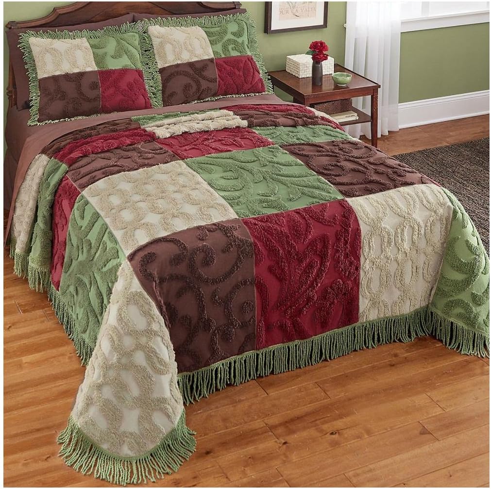 Colorful Patchwork Chenille Fringe Lightweight Bedspread