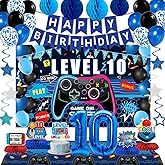 Video Game 10th Birthday Decorations for Boys, Blue Level 10 Party Decor Kits for Boy, 10 Years Old Game Supplies - Backdrop Honeycomb balls Hanging Swirls Centerpieces Balloons Tablecloth Cake topper