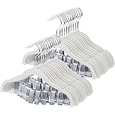 ManGotree 11.8'' Baby Velvet Hangers with Movable Clips, Non-Slip Kids Felt Hangers, Ultra-Thin Space-Saving Children's Clothes Hangers for Skirts, Pants, Dresses, Shirts, Jackets (28 Pack, White)