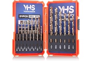 YOHANSEN 21Pcs Cobalt Drill Bit Set (1/16"-3/8"), M35 High Speed Steel, Twist Jobber Length for Hardened Metal, Stainless Steel, Cast Iron, Wood, and Plastics, with Metal Index Storage Box