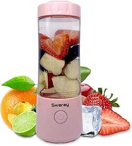 Swaray Portable Blender, 13.5 Oz Personal Size Blender, Juicer Cup for Juice, Crushed Ice, Smoothies and Shakes, 4000mAh USB Rechargeable with Six Blades, Mini Blender for Travel, Gym, Sports, Office, and Outdoors (Pink)