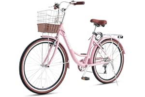 Viribus Womens Bike, 7 Speed Bike for Adults Women 24 26 inch with Ratten Basket & Rack, Beach Cruiser Bike for Women, Womens Bicycle for Commuting, Step Through City Bikes for Women Adults Ladies