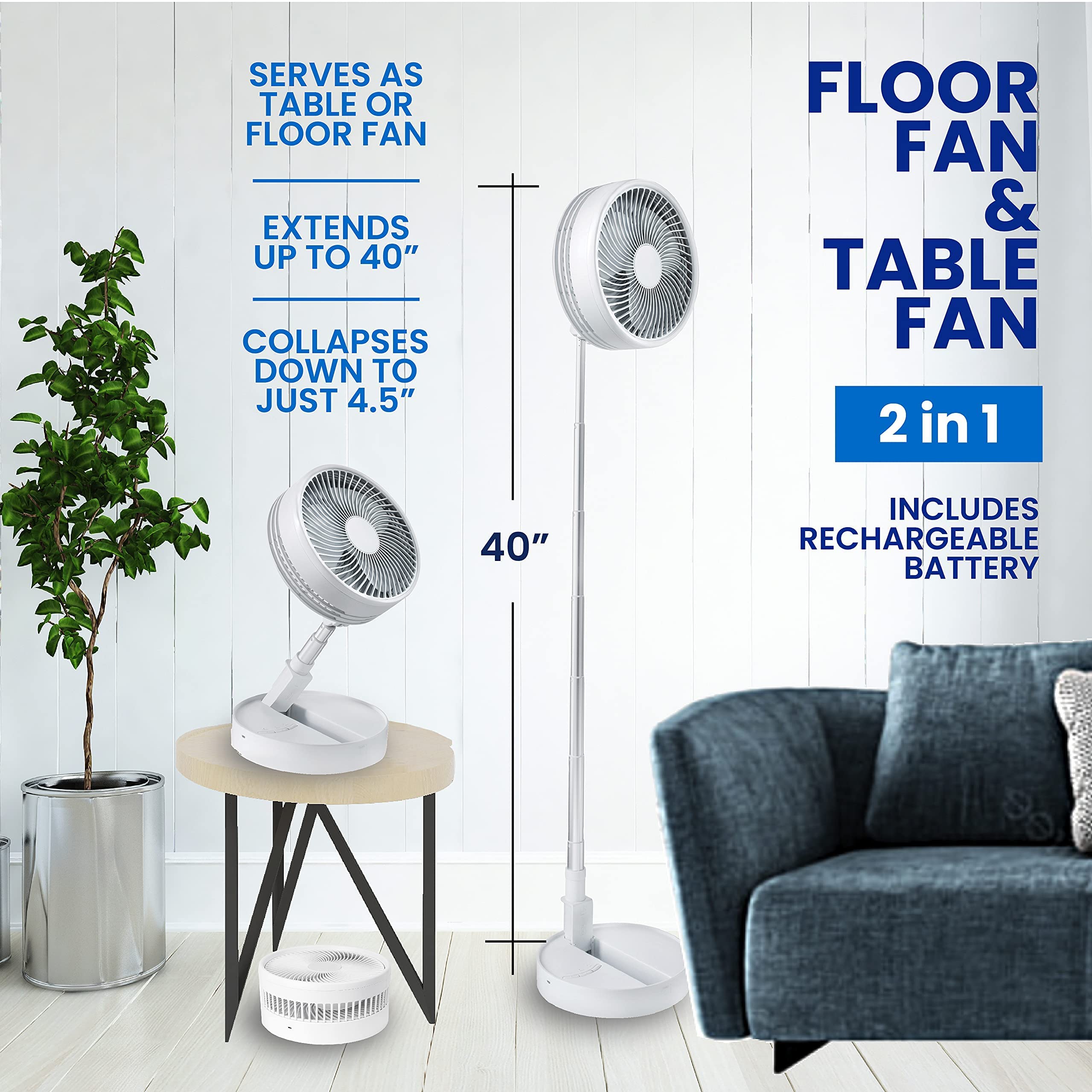 MyFoldaway Portable Fan for Travel, USB Rechargeable Cordless Portable Fans for Desk, Home, Camping, Sleeping, Lightweight Compact & Foldable Travel Fan, Pedestal Extends from 4-40”, Quiet, 3 Speeds