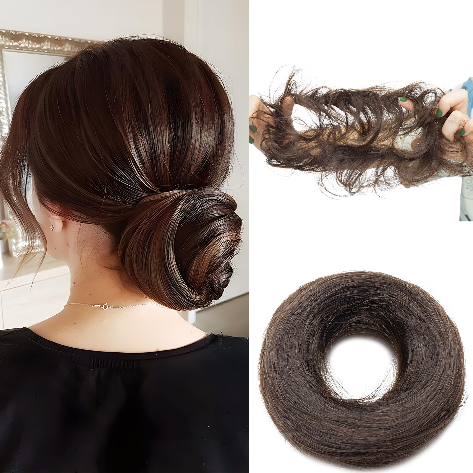 Elailite Human Hair Messy Bun Scrunchies Updo Real Hair HairPiece Extensions Donut Chignons For Women Straight - #02 Dark Brown — image 1