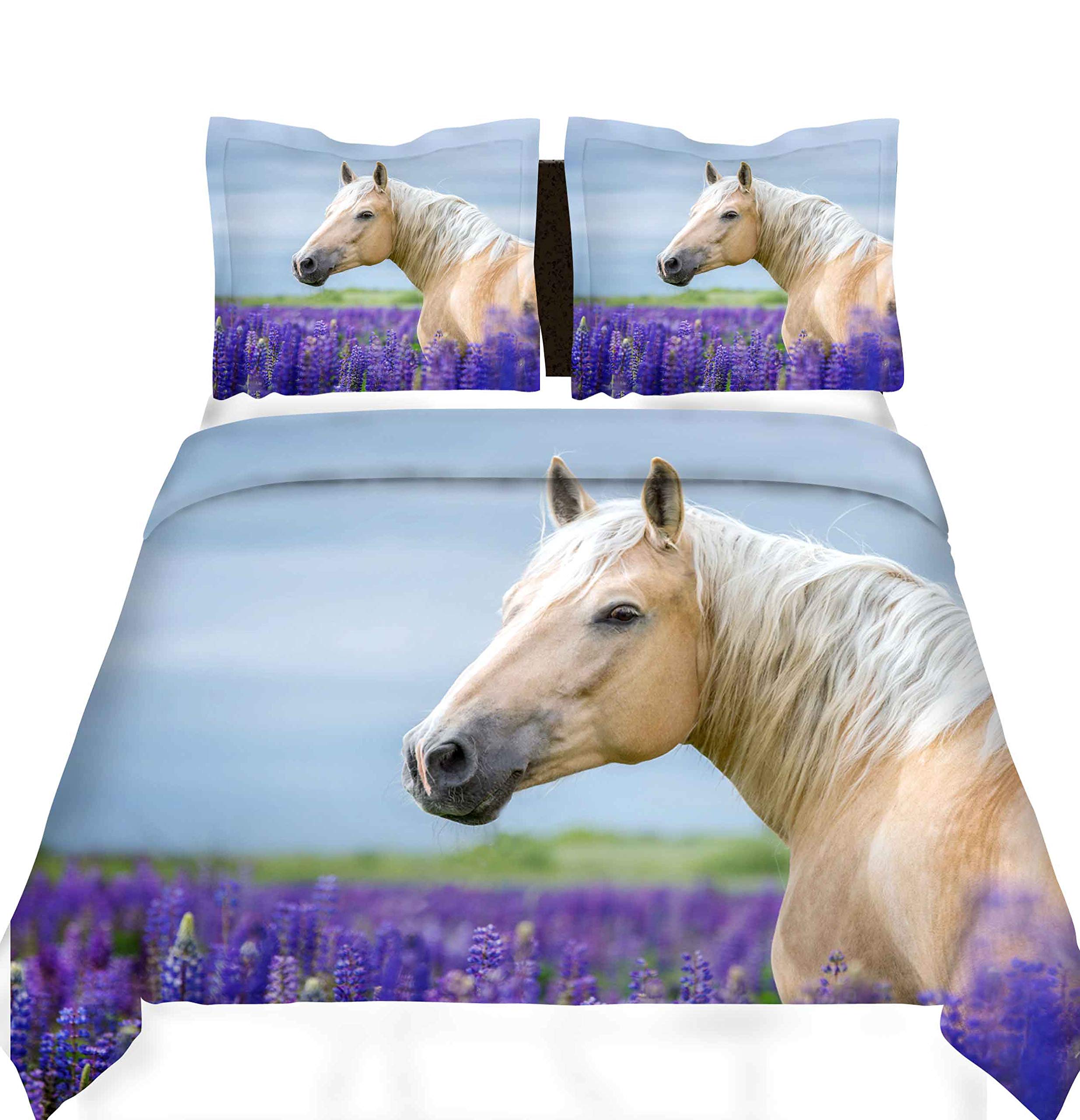 Loussiesd Boys Bedding Sets for Kids Teens Girls Youth Horse Print Duvet Cover Steed Lavender Print Bed Cover Wild Animal Bedspread Cover Super King Wildlife Purple Floral Nature Comforter Cover