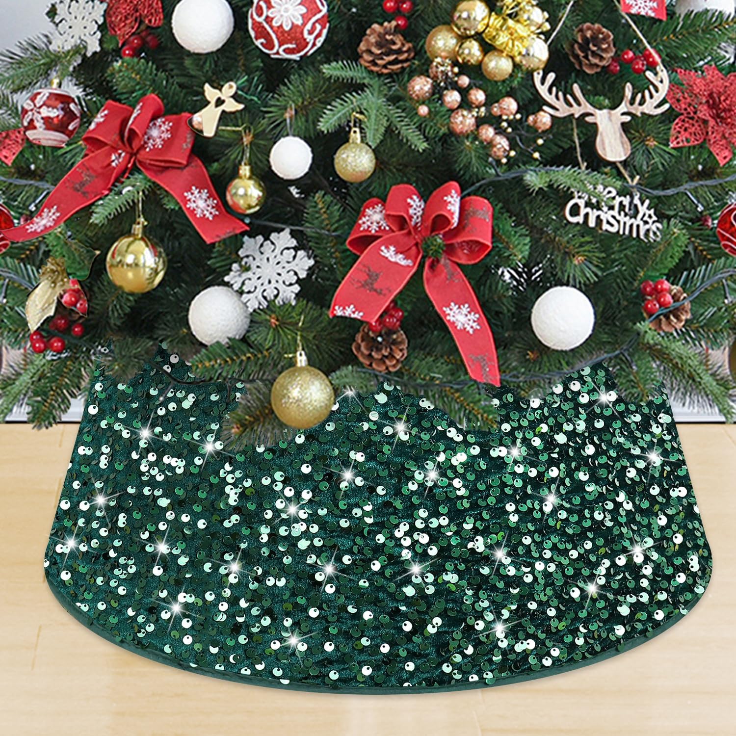 Tree Stands - MODFUNS 24 Inch Christmas Tree Collar Sparkling Tree Skirt Ring Dark Green Glitter Christmas Tree Stand Base Velvet Sequins Tree Basket Paillette Tree Stand Cover for Christmas Family Gathering Party