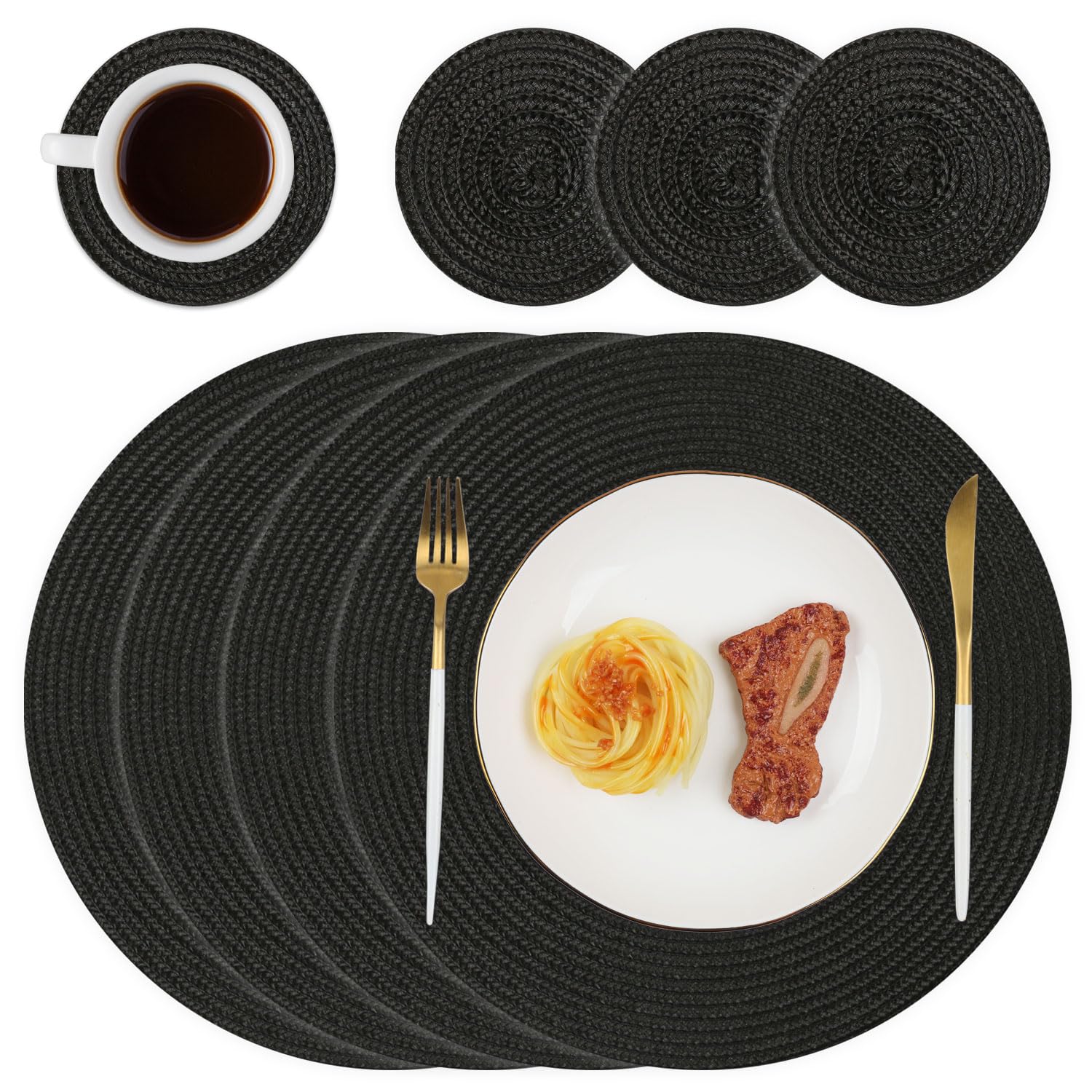 Homcomodar Round Placemats and Coasters Set of 4 Washable Woven Table Place Mats Heat Resistant Table Placemat with Coasters for Dining Table(Black)