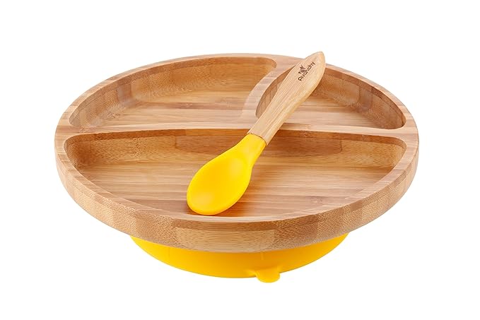 Avanchy Baby Toddler Feeding Bamboo - Stay Put Suction Divided Plate and Spoon/Teether, Yellow 9 x 7