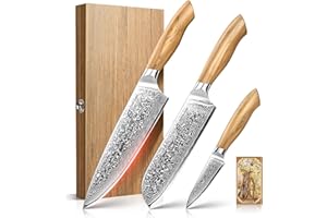 Emojoy Damascus Kitchen Knife Set, 3 PCS Japanese Chef Knife Set, 67-Layers Damascus Knife with Original Olive Wood Handle, I