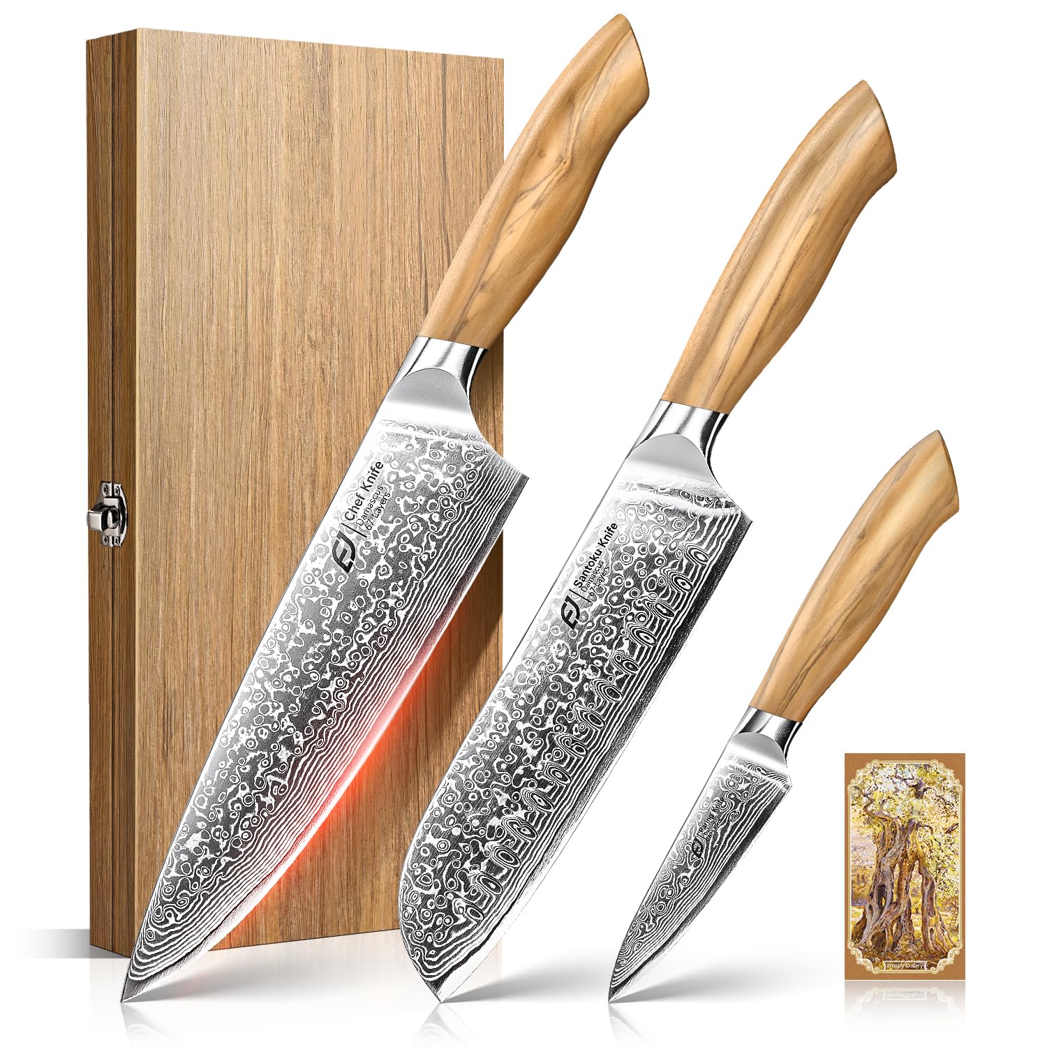 Photo 1 of Emojoy Damascus Kitchen Knife Set, 3 PCS Japanese Chef Knife Set, 67-Layers Damascus Knife with Original Olive Wood Handle, Include Wooden Gift Box