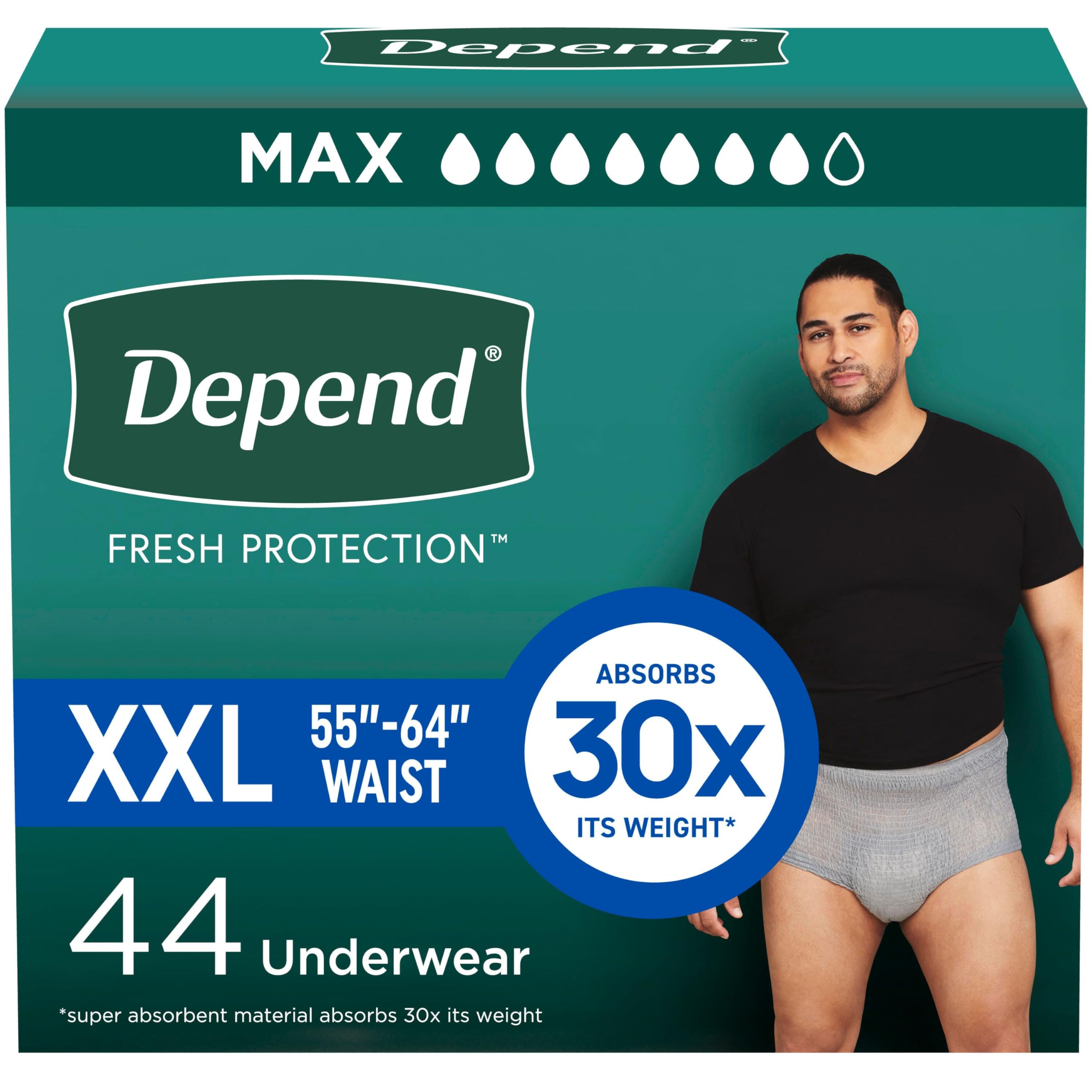 Photo 1 of Depend Fresh Protection Adult Diapers, Incontinence Underwear for Men, Disposable, Maximum, Extra-Extra-Large, Grey, 44 Count (2 Packs of 22), Packaging May Vary