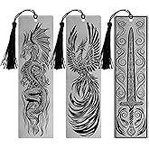 Stainless Steel Bookmarks – Set of 3 Featuring Dragon, Phoenix and Sword, 150x40mm, Laser-Engraved, Durable Metal, Perfect for Book Lovers & Unique Gift Ideas. Fantasy Series