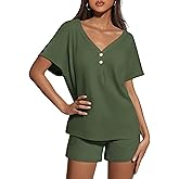 Ekouaer Womens 2 Piece Short Sets Waffle Knit Lounge Set Women's Pajama Set Summer Outfits V Neck and Shorts with Pockets