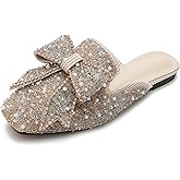 SAFECAMS Women's Rhinestone Bow Flat Mules Comfortable Square Toe Slip on Penny Loafers Ladies Baotou Clogs Half Slides Mules