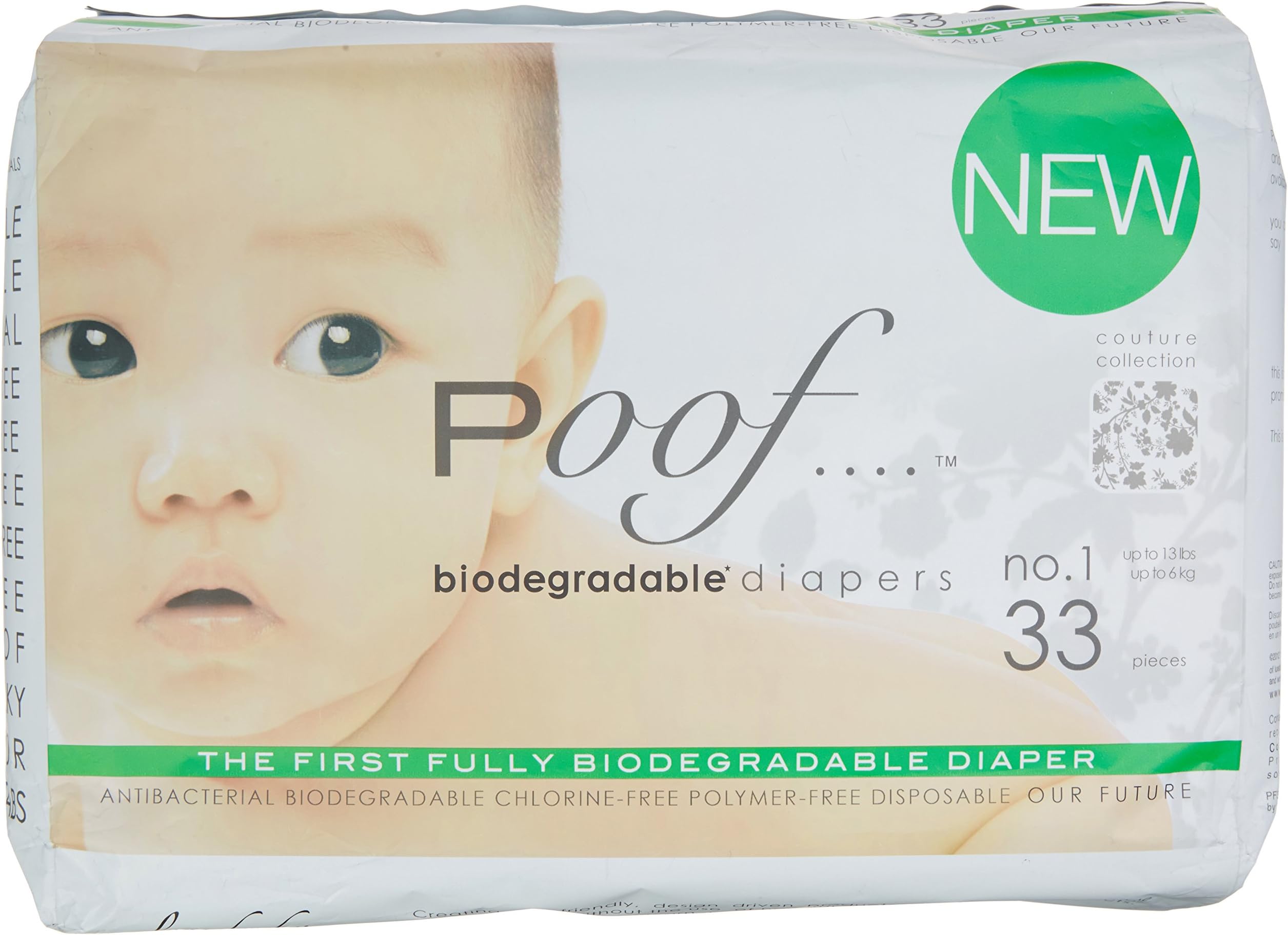 poof PF3300105 Biodegradable Antibacterial Disposable Diapers, 33 Count