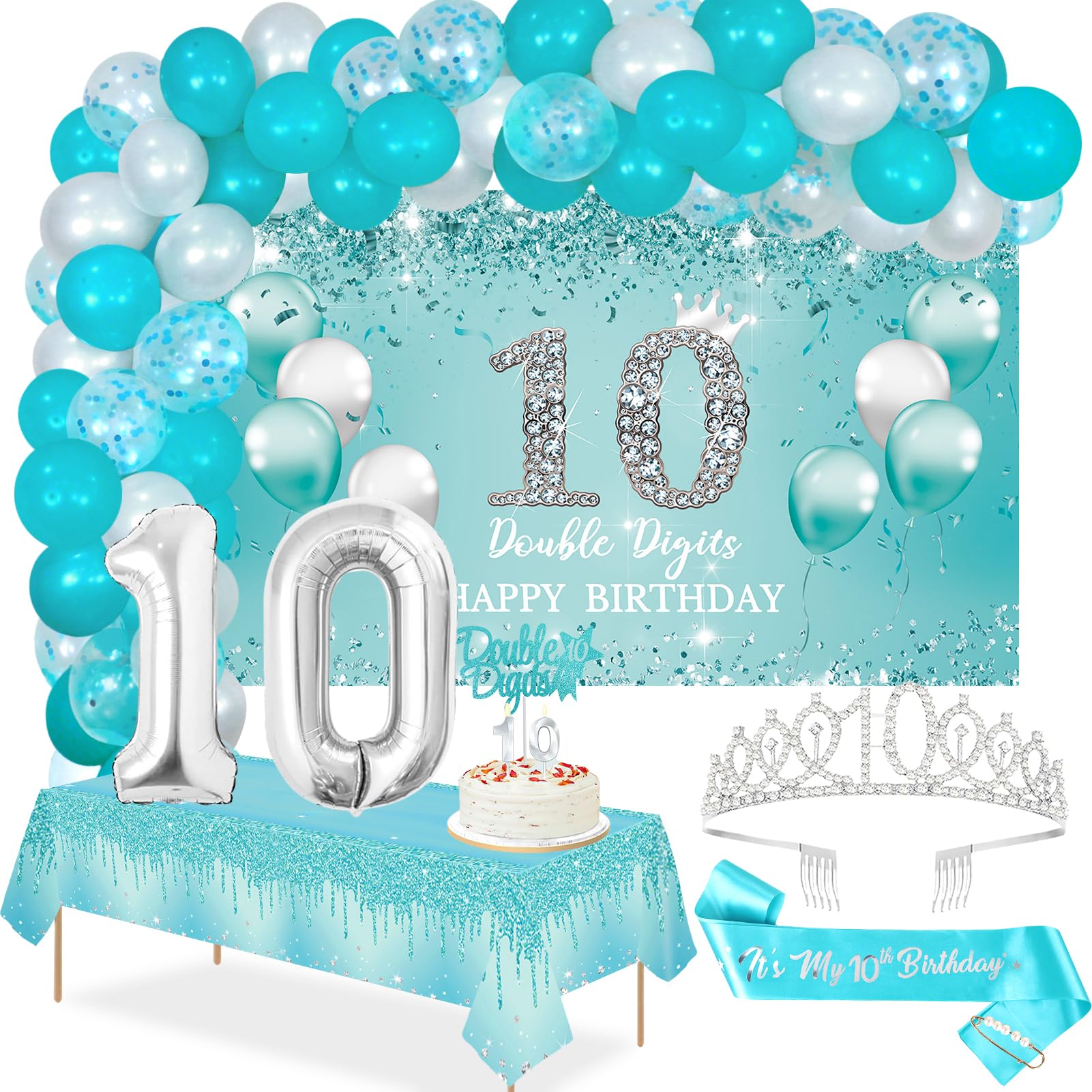 Photo 1 of Trgowaul 10th Birthday Decorations Balloon Set Girls Arch, Teal 10th Double Digits Birthday Banner and Tableclot, 10 & Fabulous Sash and Tiara, Happy 10th Birthday Cake Topper, Latex Balloon * 60