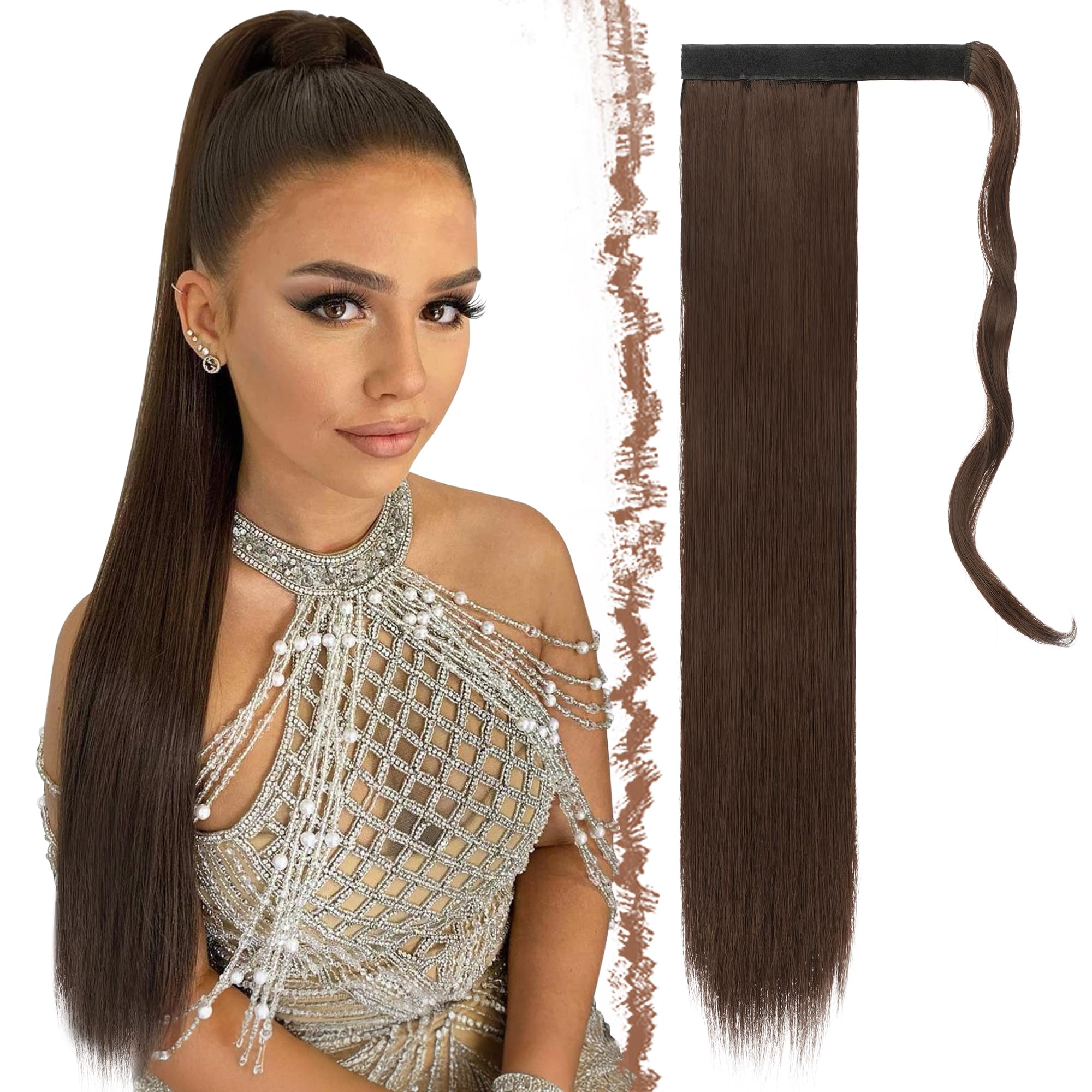 FESHFEN Straight Ponytail Extensions Long Wrap Around Ponytail Synthetic Clip in Pony Tail Hair Extensions Medium Brown Hairpiece for Women, 24 inch