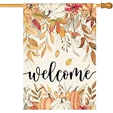 AVOIN colorlife Fall Flowers House Flag 28 x 40 Inch Double Sided, Autumn Floral Pumpkin Seasonal Welcome Yard Outdoor Flag