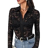 Rooscier Women's Floral Lace Sheer Collar Neck Button Down Long Sleeve Blouse Top Without Bra