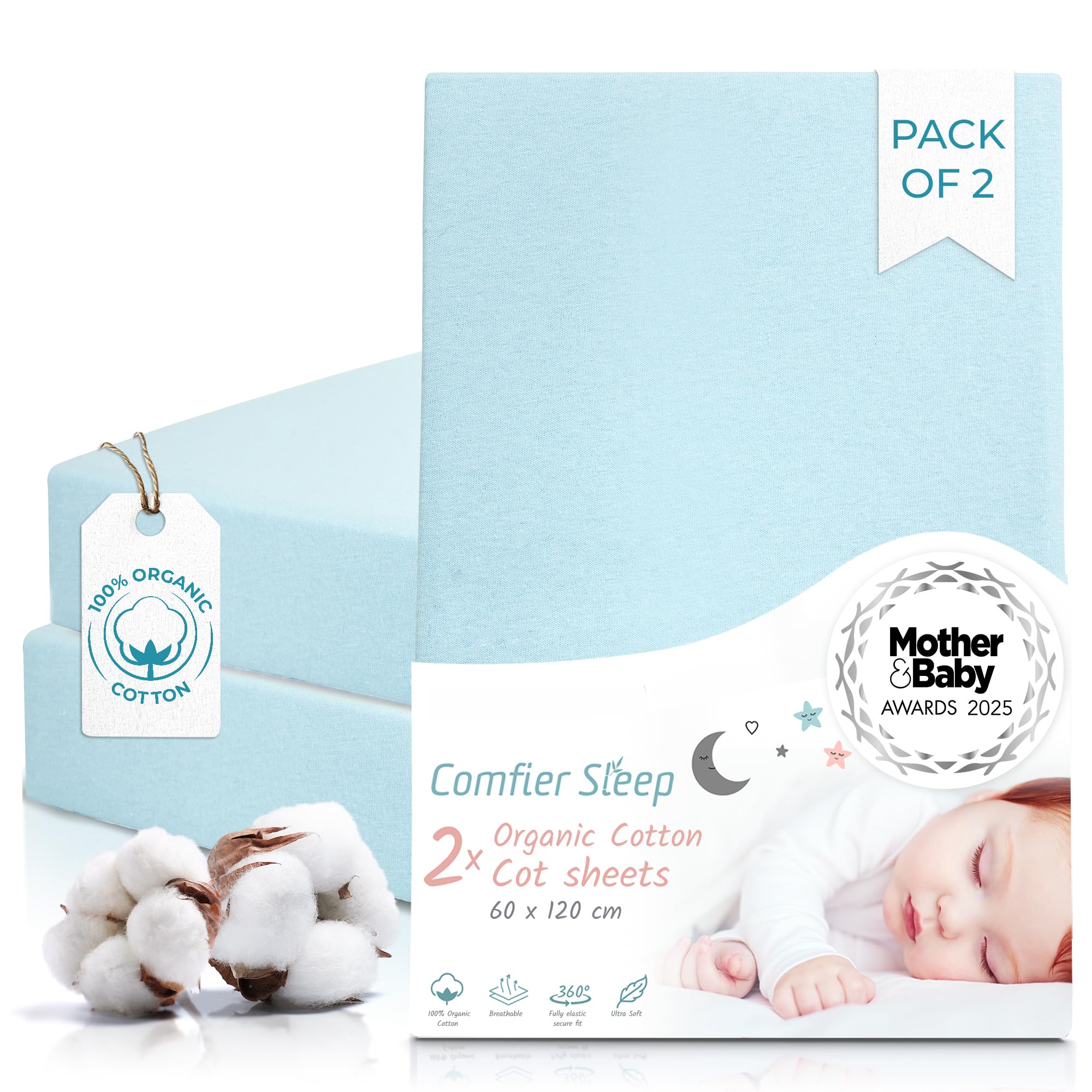 Blue Cot Sheets 120x60 Fitted – Organic Cotton 2 Pack – Soft and Secure Mattress Fit — image 1