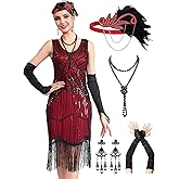 RRYIO 1920s Flapper Dresses for Women,Sheer Beaded Sleeves Great Gatsby Dresses Roaring 20s Costumes with Accessories