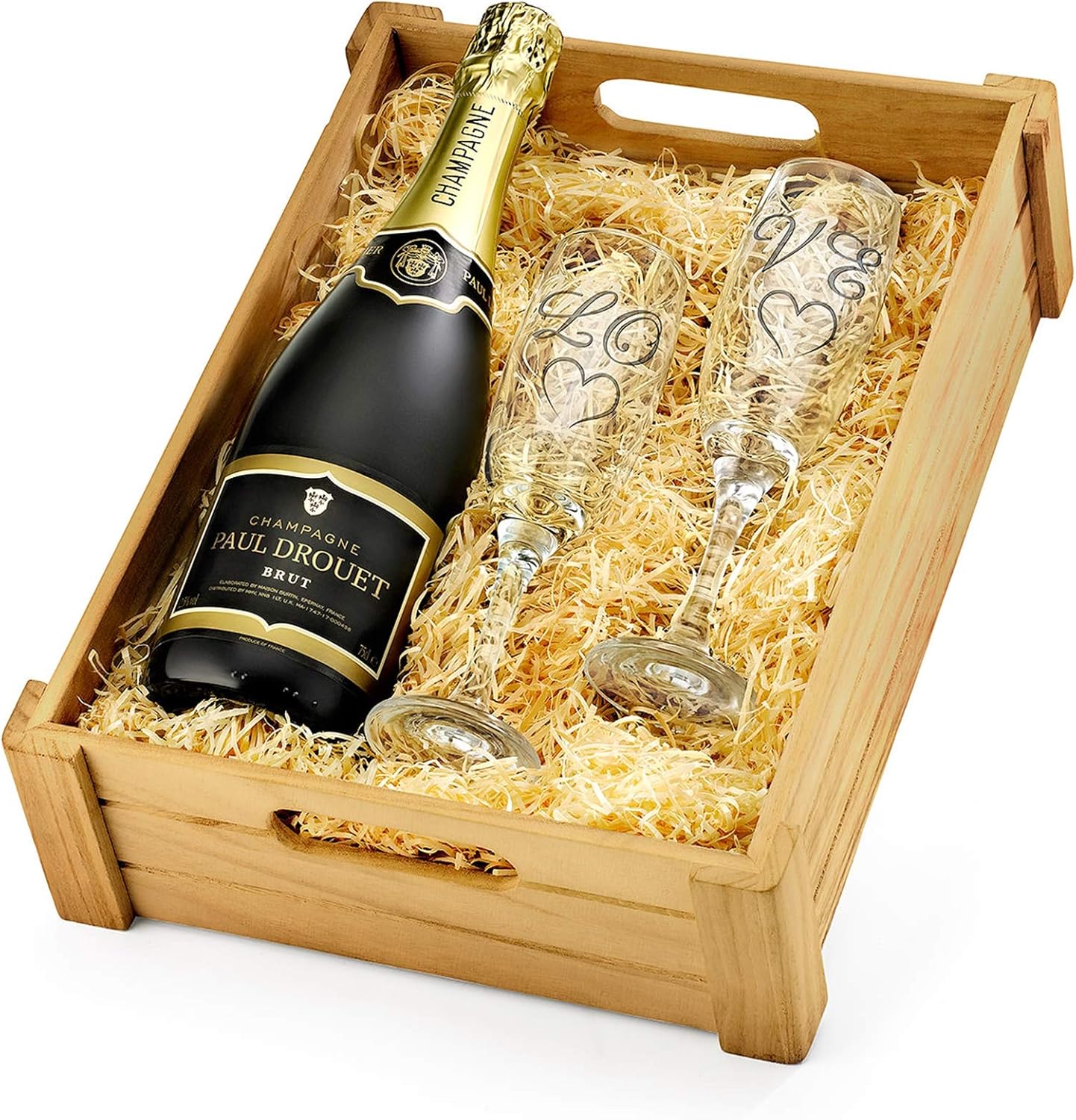 'LOVE' Engraved Flutes in Wooden Crate With Champagne Hand Wrapped