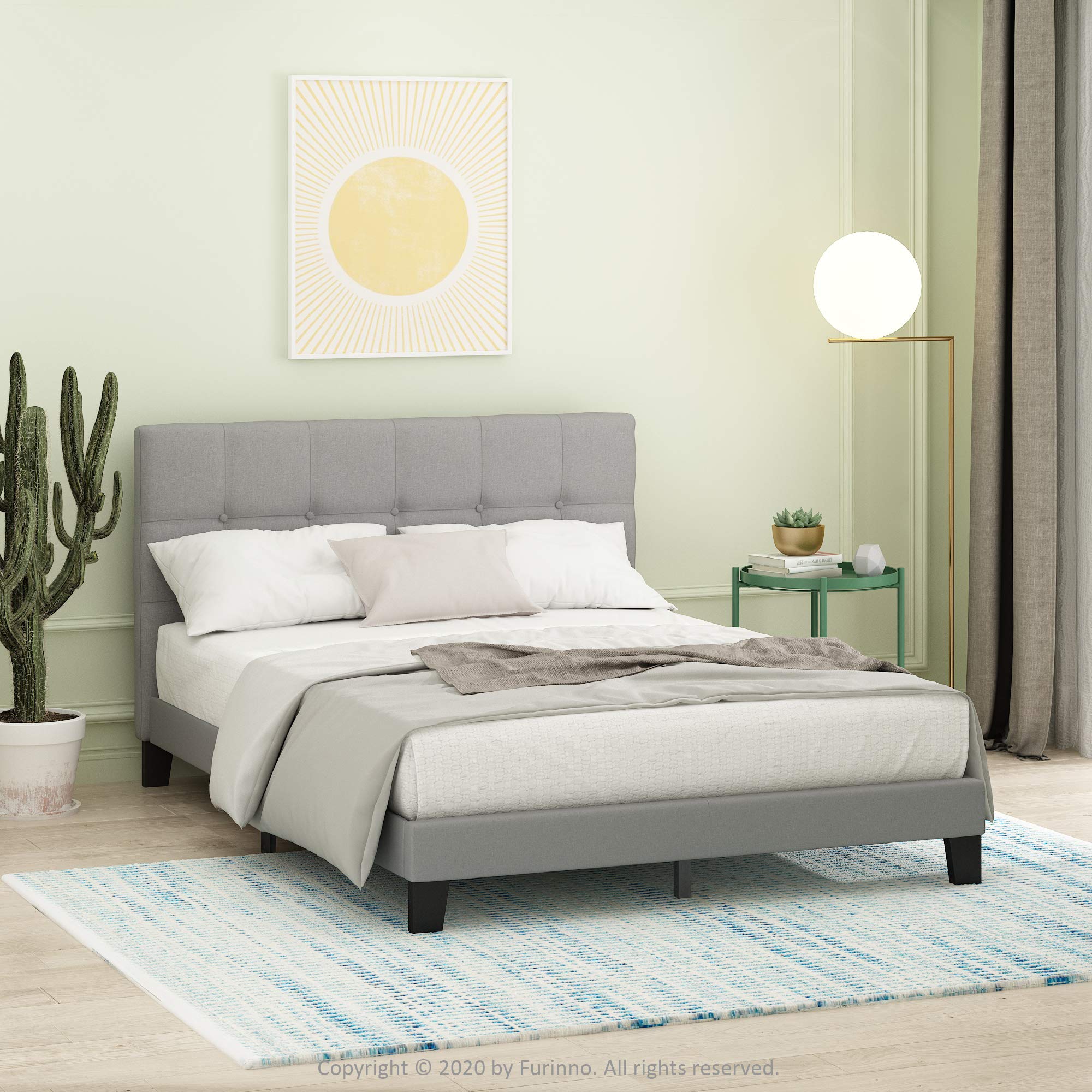 Furinno LAVAL Bed Frame, UK Double Size Bedframe with Button Tufted Headboard, Upholstered Bed with Legs, 12pcs Wooden Slat Support, Easy Assembly, for Bedroom, Dorm, Glacier