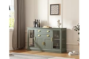 FOREST GRAVITY 58.27'' Buffet Cabinet with 2 Drawers and Adjustable Shelves,Large Glass Door Coffee Bar Cabinet,Modern Farmhouse Sideboard Credenza for Kitchen,Green