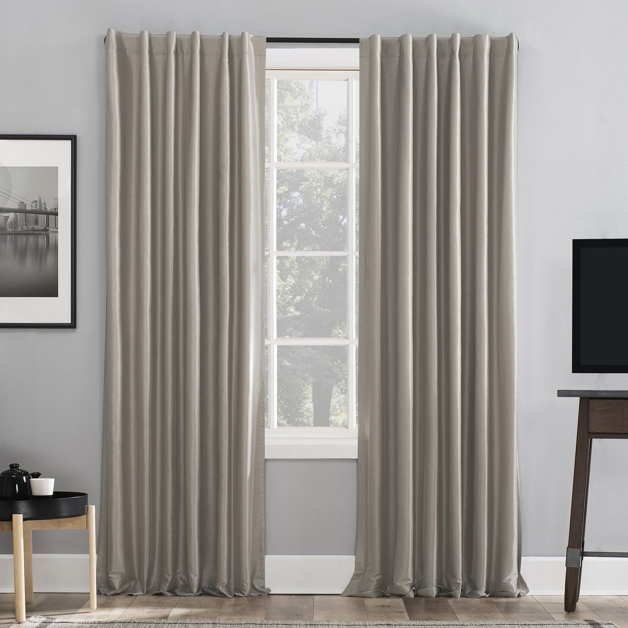 Photo 1 of Sun Zero Greyson Faux Dupioni Silk Thermal Extreme Total Blackout Back Tab Curtain Panel, 50" x 95", Stone Beige