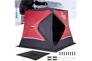DEERFAMY 3-Layer Ice Fishing Shelter Cotton Filled, 3/4/5/6/7/8 Person Ice Fishing Tent, Pop up Ice Shanty Insulated Tent with Carrying Bag, Ice Anchors, Red/Blue